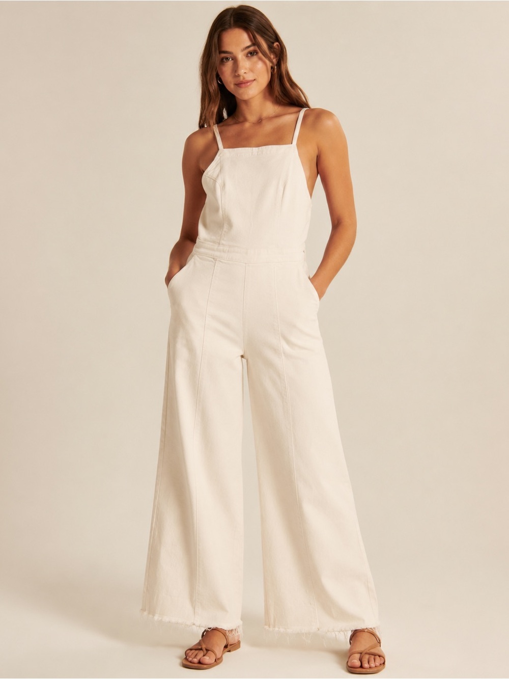 Hollister Women's Denim Cream Wide-Leg Jumpsuit - Medium